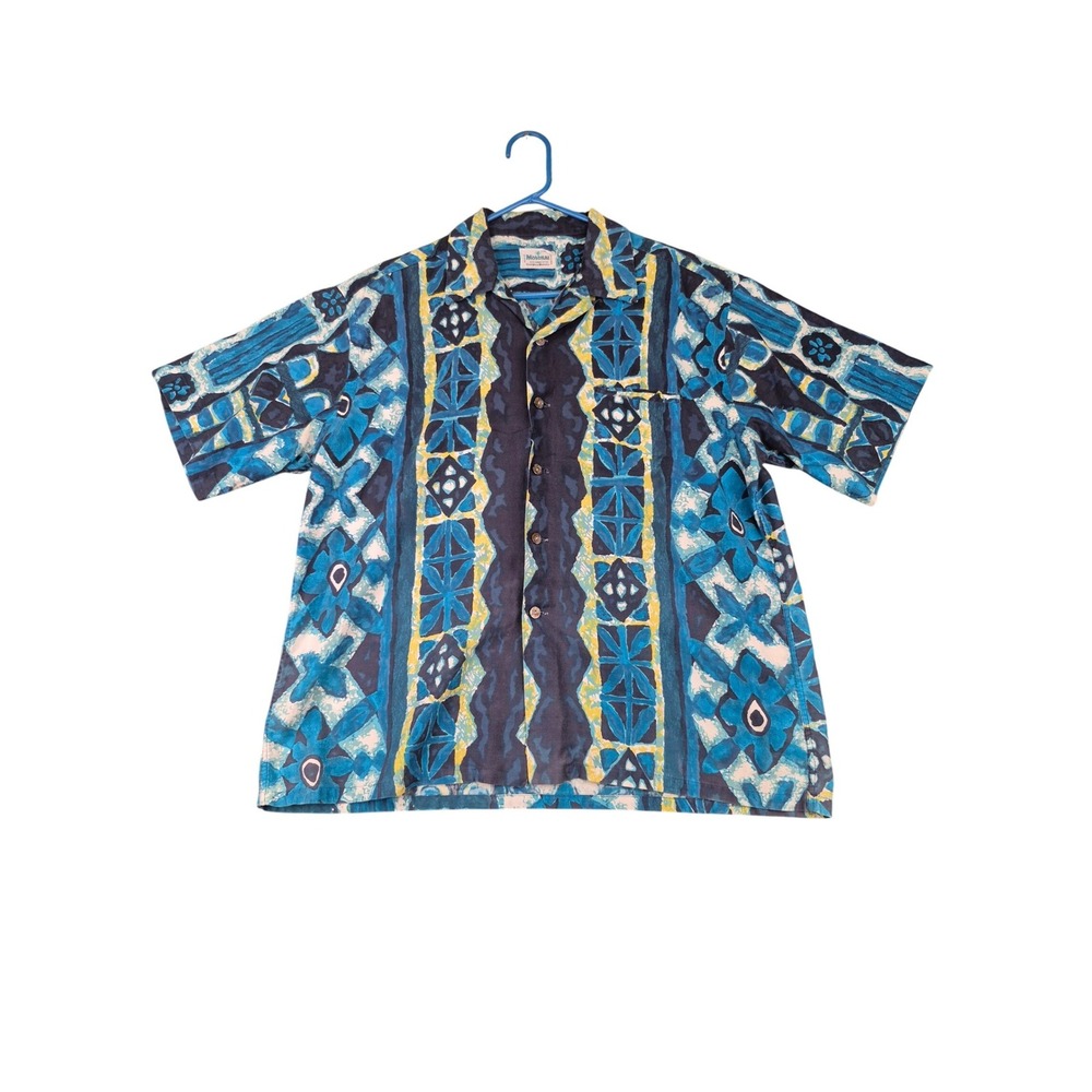 Molokai Blue Abstract Geometric Combed Cotton Hawaiian Camp Shirt XL Japan VTG